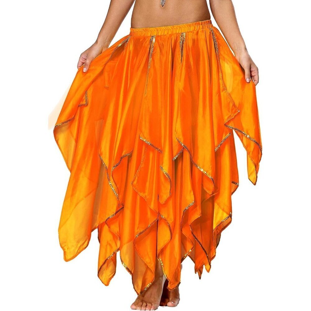 Women's 10 Panel - Orange Drawstring Gold Sequin Chiffon Skirt Dance Costume